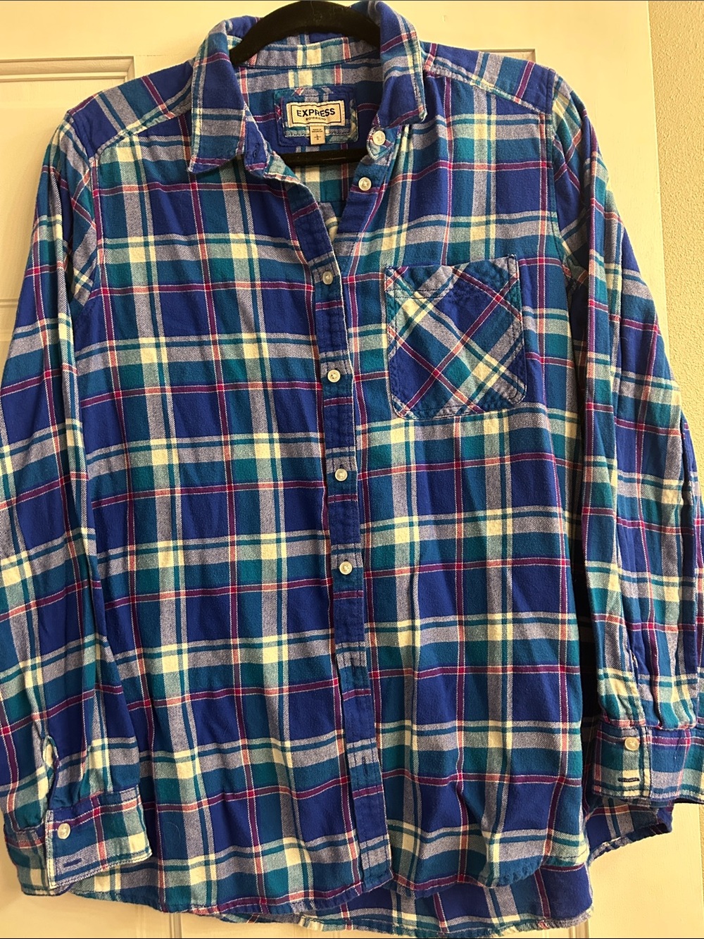 Express Blue Plaid Button-Down Shirt with Teal Accents